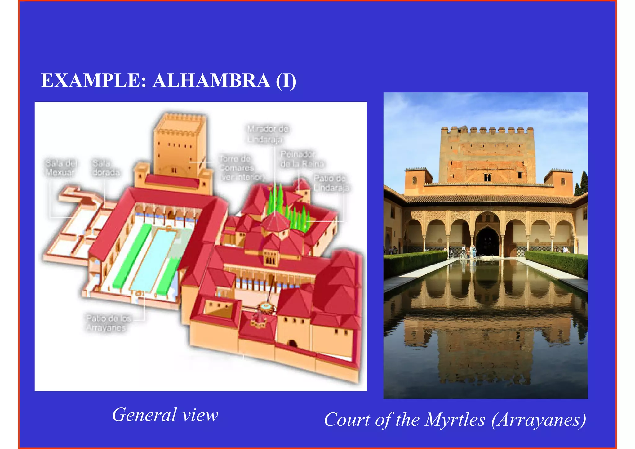 EXAMPLE: ALHAMBRA (I)




     General view       Court of the Myrtles (Arrayanes)
 