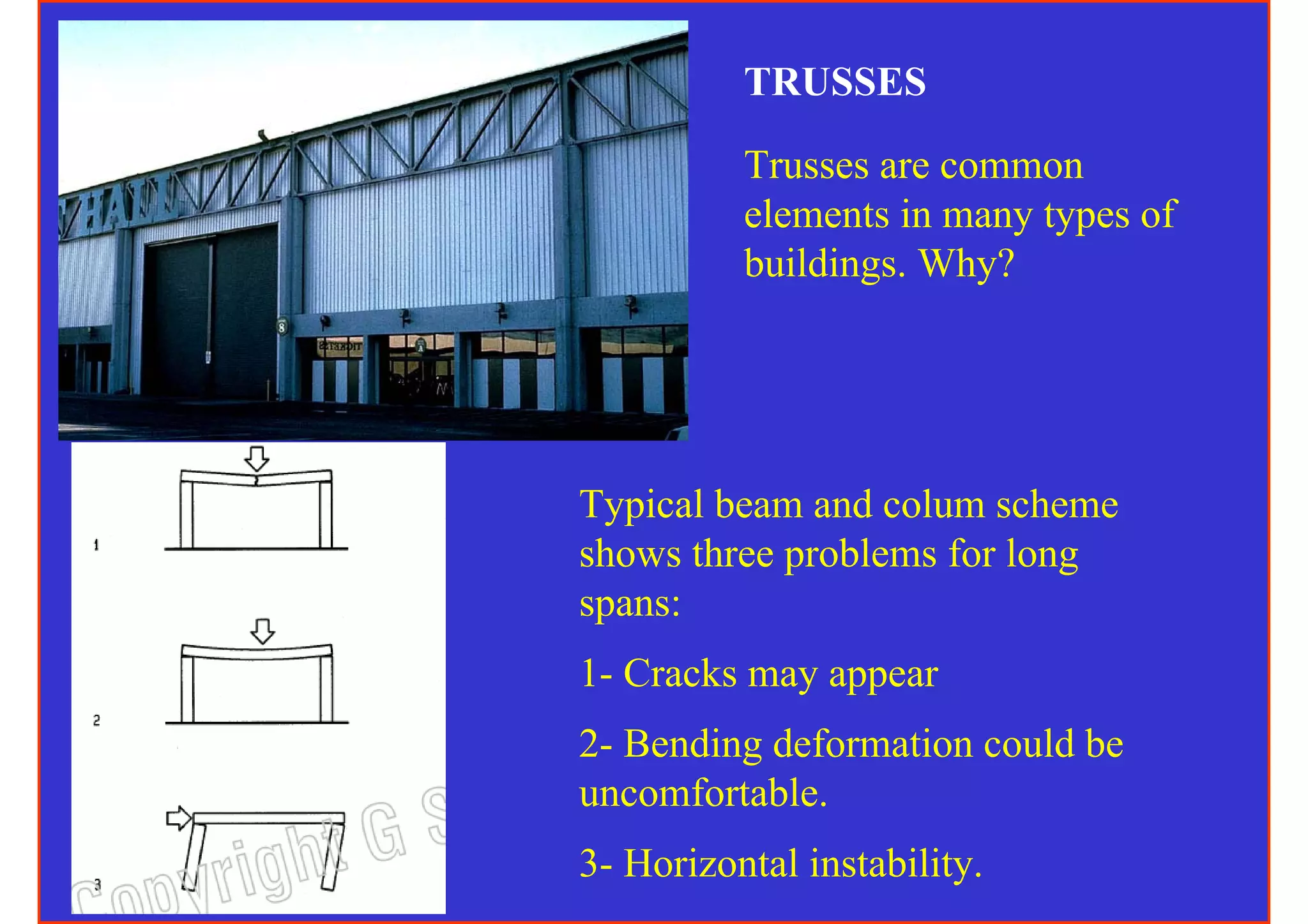 TRUSSES

          Trusses are common
          elements in many types of
          buildings. Why?




Typical beam and colum scheme
shows three problems for long
spans:
1- Cracks may appear
2- Bending deformation could be
uncomfortable.
3- Horizontal instability.
 