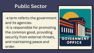 Public Sector
-a term referto the government
and its agencies.
-it is responsible for promoting
the common good, providing
security from external threats,
and maintaining peace and
order.
 