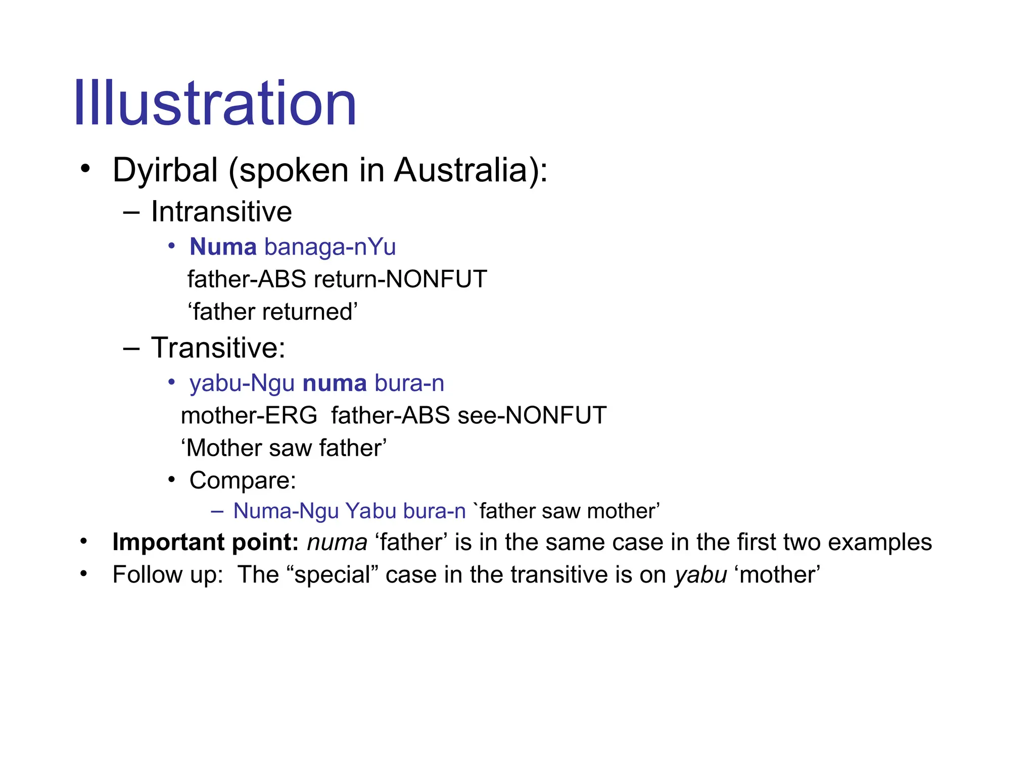 Illustration
• Dyirbal (spoken in Australia):
– Intransitive
• Numa banaga-nYu
father-ABS return-NONFUT
‘father returned’
– Transitive:
• yabu-Ngu numa bura-n
mother-ERG father-ABS see-NONFUT
‘Mother saw father’
• Compare:
– Numa-Ngu Yabu bura-n `father saw mother’
• Important point: numa ‘father’ is in the same case in the first two examples
• Follow up: The “special” case in the transitive is on yabu ‘mother’
 