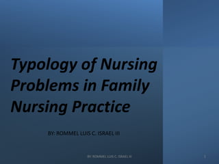 Typology of Nursing
Problems in Family
Nursing Practice
BY: ROMMEL LUIS C. ISRAEL III
BY: ROMMEL LUIS C. ISRAEL III 1
 
