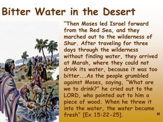 42
Bitter Water in the Desert
“Then Moses led Israel forward
from the Red Sea, and they
marched out to the wilderness of
Shur. After traveling for three
days through the wilderness
without finding water, they arrived
at Marah, where they could not
drink its water, because it was too
bitter...As the people grumbled
against Moses, saying, “What are
we to drink?” he cried out to the
LORD, who pointed out to him a
piece of wood. When he threw it
into the water, the water became
fresh” [Ex 15:22-25].
 