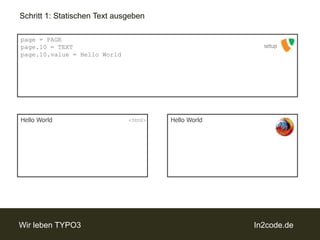 Schritt 1: Statischen Text ausgebenpage = PAGEpage.10 = TEXTpage.10.value = Hello WorldsetupHello WorldHello World<html>