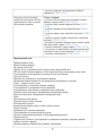 - запитує в дорослих про правдивість здобутої
інформації [2 ПРО 1-4.2-3]
Знаходить спільні і відмінні
ознаки об’єктів; групує об’єкти
навколишнього світу за однією
або кількома ознаками
Учень / учениця:
- розпізнає об’єкти довкілля (за кольором, смаком,
формою, звуком тощо) [2 ПРО 1-4.3-1];
- розрізняє живі і неживі природні об’єкти [2 ПРО 1-
4.3-2];
- розрізняє дикорослі й культурні рослини [2 ПРО 1-
4.3-3];
- розрізняє дерева, кущі, трав’янисті рослини [2 ПРО 1-
4.3-4];
- порівнює листяні і хвойні, вічнозелені і листопадні
рослини [2 ПРО 1-4.3-5];
- розпізнає за деякими ознаками комах, павуків, раків,
риб, жаб, птахів і звірів [2 ПРО 1-4.3-6];
- порівнює свійських і диких тварин [2 ПРО 1-4.3-7];
- спостерігає за перелітними і осілими птахами своєї
місцевості й описує їхню поведінку [2 ПРО 1-4.3-8];
- досліджує свій організм [2 ПРО 1-4.3-9]
Пропонований зміст
Природа навколо мене.
Жива й нежива природа.
Як людина пізнає світ.
Органи чуття, за допомогою яких людина пізнає навколишній світ.
Об’єкти живої і неживої природи та їхні ознаки (величина, колір, форма, смак тощо).
Спостереження та експеримент як основні методи дослідження.
Здогад (гіпотеза).
Прилади, які допомагають досліджувати природу.
Дотримання правил безпеки під час проведення спостережень та дослідів.
Сонце – джерело світла і тепла.
Спостереження за сезонними змінами у природі.
Спостереження за утворенням тіні від предметів.
Спостереження за рослинами і тваринами в різні пори року.
Повітря та його властивості. Вимірювання температури повітря.
Вода та її властивості. Вимірювання температури води.
Ґрунт.
Дослідження складу ґрунту.
Значення ґрунту та його охорона.
Різноманітність рослин.
Будова рослин (корінь, квітка, стебло, листки, плоди).
Плоди і насіння.
Добування олії з насіння соняшника.
Спостереження за етапами розвитку рослин.
Догляд за кімнатними рослинами. Умови вирощування рослин.
Охорона рослин.
Тварини дикі і свійські. Спостереження за тваринами (комахами, павуками, рибами,
жабами, птахами, звірами).
Охорона природи. Червона книга України. Заповідники
33
 