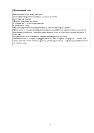 Пропонований зміст
Організація власної життєдіяльності.
Розв’язування практичних завдань у власному побуті.
Культура харчування.
Правила поведінки за столом.
Столовий посуд різного призначення.
Сервірування столу.
Організація робочого місця відповідно до визначених потреб і завдань.
Планування та реалізація найпростіших трудових дій (ремонт іграшок, книжок, догляд за
рослинами, домашніми тваринами; приготування страв за рецептами; догляд за одягом та
взуттям).
Розрахунок матеріалів та витрат для виконання простого завдання.
Пропоновані об’єкти праці: сервірування столу; прості страви: бутерброди / канапки, чай
тощо; простий ремонт книжок, іграшок; догляд за рослинами і тваринами; догляд за одягом
та взуттям тощо
43
 