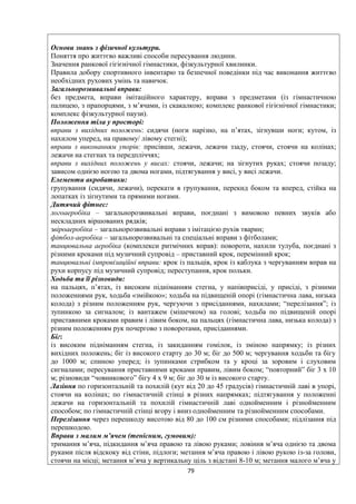 Основи знань з фізичної культури.
Поняття про життєво важливі способи пересування людини.
Значення ранкової гігієнічної гімнастики, фізкультурної хвилинки.
Правила добору спортивного інвентарю та безпечної поведінки під час виконання життєво
необхідних рухових умінь та навичок.
Загальнорозвивальні вправи:
без предмета, вправи імітаційного характеру, вправи з предметами (із гімнастичною
палицею, з прапорцями, з м’ячами, із скакалкою; комплекс ранкової гігієнічної гімнастики;
комплекс фізкультурної паузи).
Положення тіла у просторі:
вправи з вихідних положень: сидячи (ноги нарізно, на п’ятах, зігнувши ноги; кутом, із
нахилом уперед, на правому/ лівому стегні);
вправи з виконанням упорів: присівши, лежачи, лежачи ззаду, стоячи, стоячи на колінах;
лежачи на стегнах та передпліччях;
вправи з вихідних положень у висах: стоячи, лежачи; на зігнутих руках; стоячи позаду;
зависом однією ногою та двома ногами, підтягування у висі, у висі лежачи.
Елементи акробатики:
групування (сидячи, лежачи), перекати в групування, перекид боком та вперед, стійка на
лопатках із зігнутими та прямими ногами.
Дитячий фітнес:
логоаеробіка – загальнорозвивальні вправи, поєднані з вимовою певних звуків або
нескладних віршованих рядків;
звіроаеробіка – загальнорозвивальні вправи з імітацією рухів тварин;
фітбол-аеробіка – загальнорозвивальні та спеціальні вправи з фітболами;
танцювальна аеробіка (комплекси ритмічних вправ): повороти, нахили тулуба, поєднані з
різними кроками під музичний супровід – приставний крок, перемінний крок;
танцювальні імпровізаційні вправи: крок із пальців, крок із каблука з чергуванням вправ на
рухи корпусу під музичний супровід; переступання, крок польки.
Ходьба та її різновиди:
на пальцях, п’ятах, із високим підніманням стегна, у напівприсіді, у присіді, з різними
положеннями рук, ходьба «змійкою»; ходьба на підвищеній опорі (гімнастична лава, низька
колода) з різним положенням рук, чергуючи з присіданнями, нахилами; “перелізання”; із
зупинкою за сигналом; із вантажем (мішечком) на голові; ходьба по підвищеній опорі
приставними кроками правим і лівим боком, на пальцях (гімнастична лава, низька колода) з
різним положенням рук почергово з поворотами, присіданнями.
Біг:
із високим підніманням стегна, із закиданням гомілок, із зміною напрямку; із різних
вихідних положень; біг із високого старту до 30 м; біг до 500 м; чергування ходьби та бігу
до 1000 м; спиною уперед; із зупинками стрибком та у кроці за зоровим і слуховим
сигналами; пересування приставними кроками правим, лівим боком; “повторний” біг 3 х 10
м; різновиди “човникового” бігу 4 х 9 м; біг до 30 м із високого старту.
Лазіння по горизонтальній та похилій (кут від 20 до 45 градусів) гімнастичній лаві в упорі,
стоячи на колінах; по гімнастичній стінці в різних напрямках; підтягування у положенні
лежачи на горизонтальній та похилій гімнастичній лаві однойменним і різнойменним
способом; по гімнастичній стінці вгору і вниз однойменним та різнойменним способами.
Перелізання через перешкоду висотою від 80 до 100 см різними способами; підлізання під
перешкодою.
Вправи з малим м’ячем (тенісним, гумовим):
тримання м’яча, підкидання м’яча правою та лівою руками; ловіння м’яча однією та двома
руками після відскоку від стіни, підлоги; метання м’яча правою і лівою рукою із-за голови,
стоячи на місці; метання м’яча у вертикальну ціль з відстані 8-10 м; метання малого м’яча у
79
 