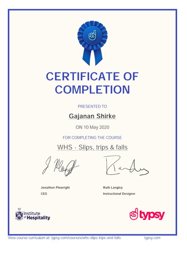 Typsy Certificate Gajanan Shirke WHS Slips trips and falls.pdf