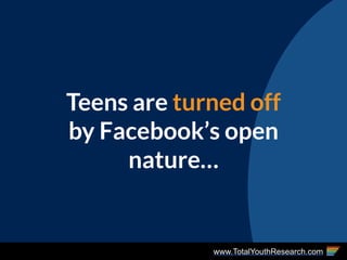 www.TotalYouthResearch.com
Teens are turned off
by Facebook’s open
nature…
 