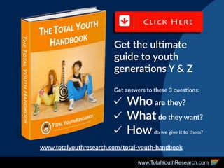 www.TotalYouthResearch.com
Get  the  ul(mate  
guide  to  youth  
genera(ons  Y  &  Z    
Get  answers  to  these  3  ques(ons:  
Who  are  they?  
What  do  they  want?  
How  do  we  give  it  to  them?
www.totalyouthresearch.com/total-­‐youth-­‐handbook  
 