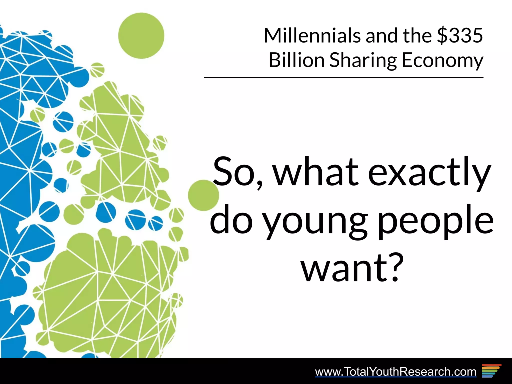 www.TotalYouthResearch.com
Millennials and the $335
Billion Sharing Economy
So, what exactly
do young people
want?
 