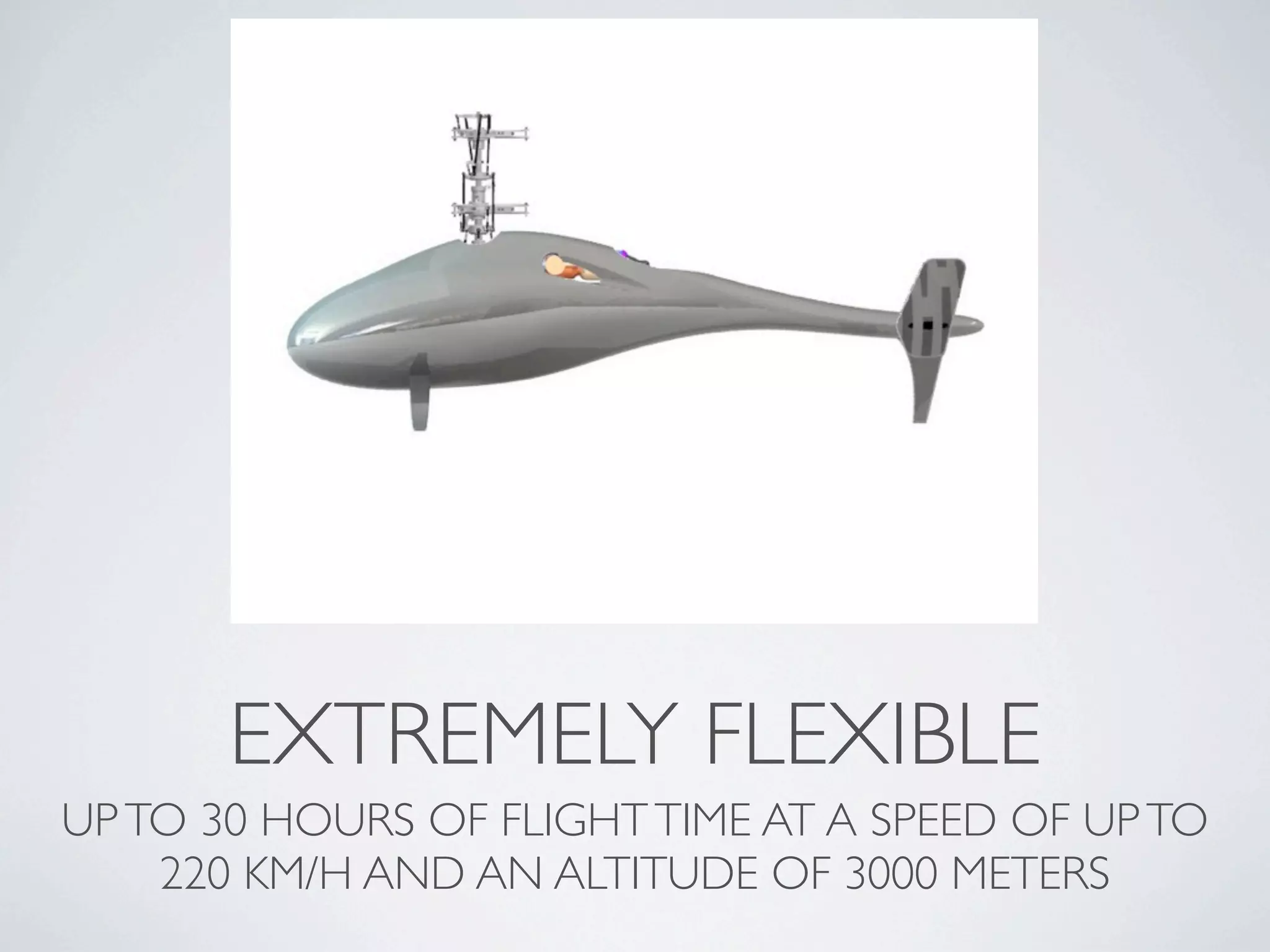 EXTREMELY FLEXIBLE
UP TO 30 HOURS OF FLIGHT TIME AT A SPEED OF UP TO
    220 KM/H AND AN ALTITUDE OF 3000 METERS
 