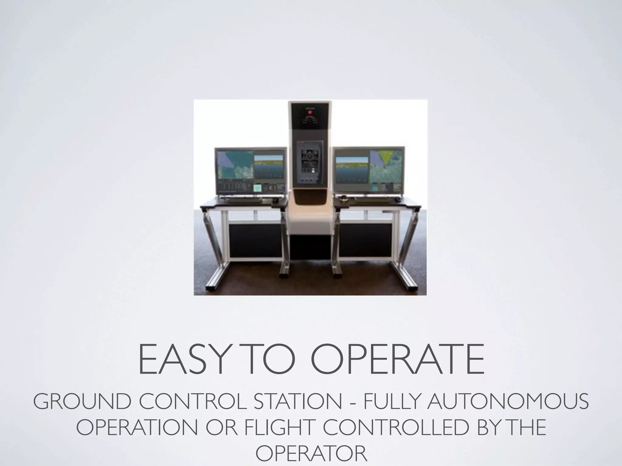 EASY TO OPERATE
GROUND CONTROL STATION - FULLY AUTONOMOUS
   OPERATION OR FLIGHT CONTROLLED BY THE
                 OPERATOR
 