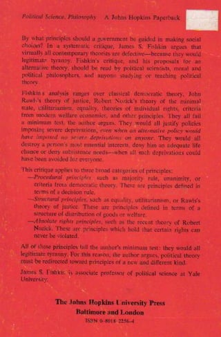Tyranny and legitimacy   a critique of political theories - james s. fishkin - back cover