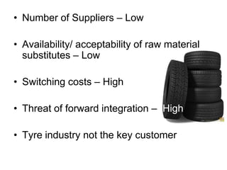 Number of Suppliers – LowAvailability/ acceptability of raw material substitutes – LowSwitching costs – HighThreat of forward integration –  HighTyre industry not the key customer