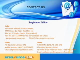 Registered Office:
Oman
P.O BOX No 1046, PC-130, CPO
Al-Azaiba, Muscat, Oman
Tel + 968 2 459 7226/7/8 Mob: + 968 90157499
Email: sudheer.nair@eresourceinfotech.com
Dubai
P O Box 52034, Dubai UAE
Mobile Number: 0097155 9018499
Email: sn@eresourceinfotech.com
India
eresource Infotech Private Limited,
TMA House 1st floor, Road No. 16,
Plot No. 6,Wagle Estate ,Thane (West)
Tel: +91 22 41118000 to +91 22 41118050 (50 Lines)
www.eresourceerp.com | http://nfra.eresourceerp.com/
 