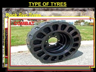 TYPE OF TYRES
31
Earth Mover Tyres
Rock Svc Tyres
Truck Tyres (4x4 Vehs)
Solid Tyres
Earthmover TyresGrader TyresCOMBAT
 