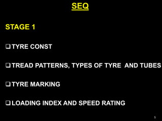 SEQ
STAGE 1
TYRE CONST
TREAD PATTERNS, TYPES OF TYRE AND TUBES
TYRE MARKING
LOADING INDEX AND SPEED RATING
5
 
