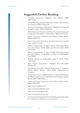 Module 7 - Unit 1
Revision 3.0 November 2013
40
Wheels & Tyres
Trade of Motor Mechanic - Phase 2 Course Notes
Suggested Further Reading
•	 Advanced Automotive Diagnosis. Tom Denton. ISBN
0340741236
•	 Automobile Electrical and Electronic Systems (3rd Edition).
Tom Denton. ISBN 0750662190
•	 Automotive Mechanics (10th Edition). William H. Crouse and
Donald L. Anglin. ISBN 0028009436
•	 BoschAutomotiveElectricsAutomotiveElectronics:Systemsand
Components (4th Edition). Robert Bosch. ISBN 0837610508
•	 Bosch Automotive Handbook (6th Edition). Robert Bosch.
ISBN 1860584748
•	 Bosch Automotive Technology Technical Instruction booklet
series (numerous titles)
•	 Hillier’s Fundamentals of Motor Vehicle Technology: Book
One (5th Edition). V.A.W. Hillier and Peter Coombes. ISBN
0748780823
•	 Hillier’s Fundamentals of Motor Vehicle Technology: Book
Two (5th Edition). V.A.W. Hillier and Peter Coombes. ISBN
0748780998
•	 Modern Automotive Technology. James E. Duffy. ISBN
1566376106
•	 Motor Vehicle Craft Studies - Principles. F.K. Sully. ISBN
040800133X
•	 National Car Test (NCT) Manual (Department of Transport,
Vehicle Testers Manual - DoT VTM). Department of
Transport
•	 Transmission, Chassis and Related Systems (Vehicle Maintenance
and Repair Series: Level 3) (3rd Edition) John Whipp and Roy
Brooks. ISBN 186152806X
•	 Vehicle and Engine Technology (2nd Edition). Heinz Heisler.
ISBN 0340691867
•	 http://www.cdxglobal.com/
•	 http://auto.howstuffworks.com/
•	 http://www.autoshop101.com/
•	 http://www.cdxetextbook.com/
•	 Automotive Encyclopedia and Text Book Resource (CD version
of e-textbook), Available from your instructor.
 
