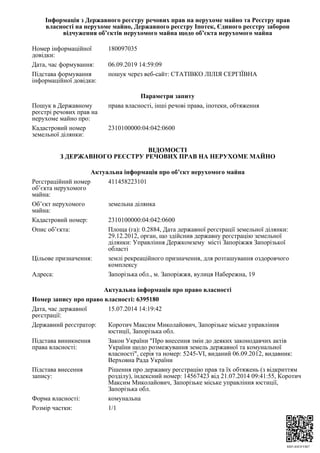 RRP-4HI3FVBI7
Інформація з Державного реєстру речових прав на нерухоме майно та Реєстру прав
власності на нерухоме майно, ...