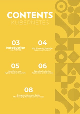 03
Introduction
with PREFACE
04
Why Choose An Enterprise
Kubernetes Platform?
05
Beneﬁts for Your
Hybrid Cloud Environment
06
Operating Production
Applications on Kubernetes
08
Enterprise Kubernetes Guide:
The Changing Development Landscape
KUBERNETES
 
