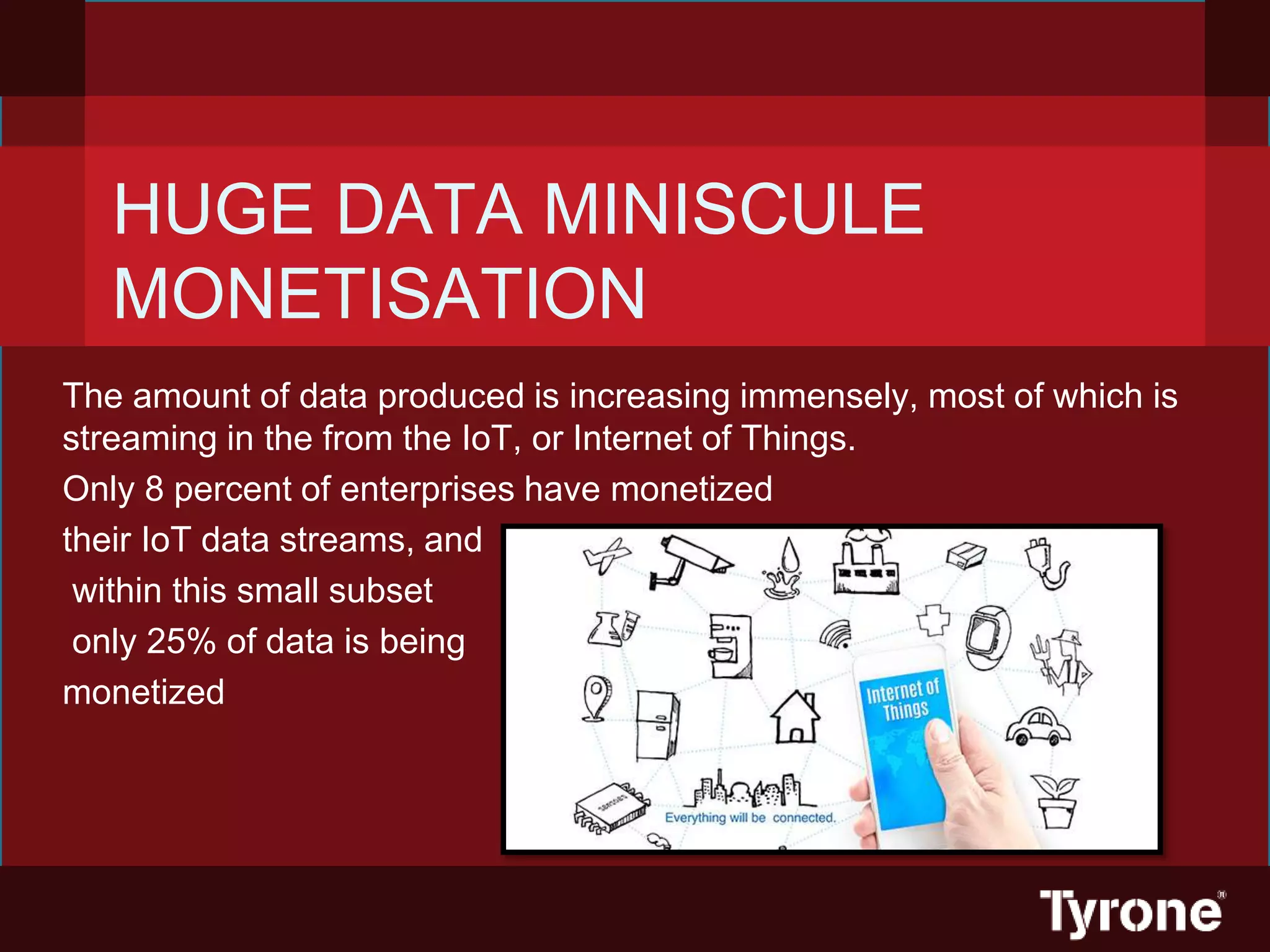 HUGE DATA MINISCULE
MONETISATION
The amount of data produced is increasing immensely, most of which is
streaming in the from the IoT, or Internet of Things.
Only 8 percent of enterprises have monetized
their IoT data streams, and
within this small subset
only 25% of data is being
monetized