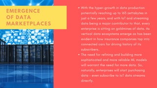 With the hyper-growth in data production
potentially reaching up to 163 zettabytes in
just a few years, and with IoT and streaming
data being a major contributor to that, every
enterprise is sitting on goldmines of data. As
vertical data ecosystems emerge as has been
evident in how insurance companies tap into
connected cars for driving history of its
subscribers.
The need for refining and building more
sophisticated and more reliable ML models
will warrant the need for more data. So,
naturally, enterprises will start purchasing
data – even subscribe to IoT data streams
directly.
EMERGENCE
OF DATA
MARKETPLACES
 