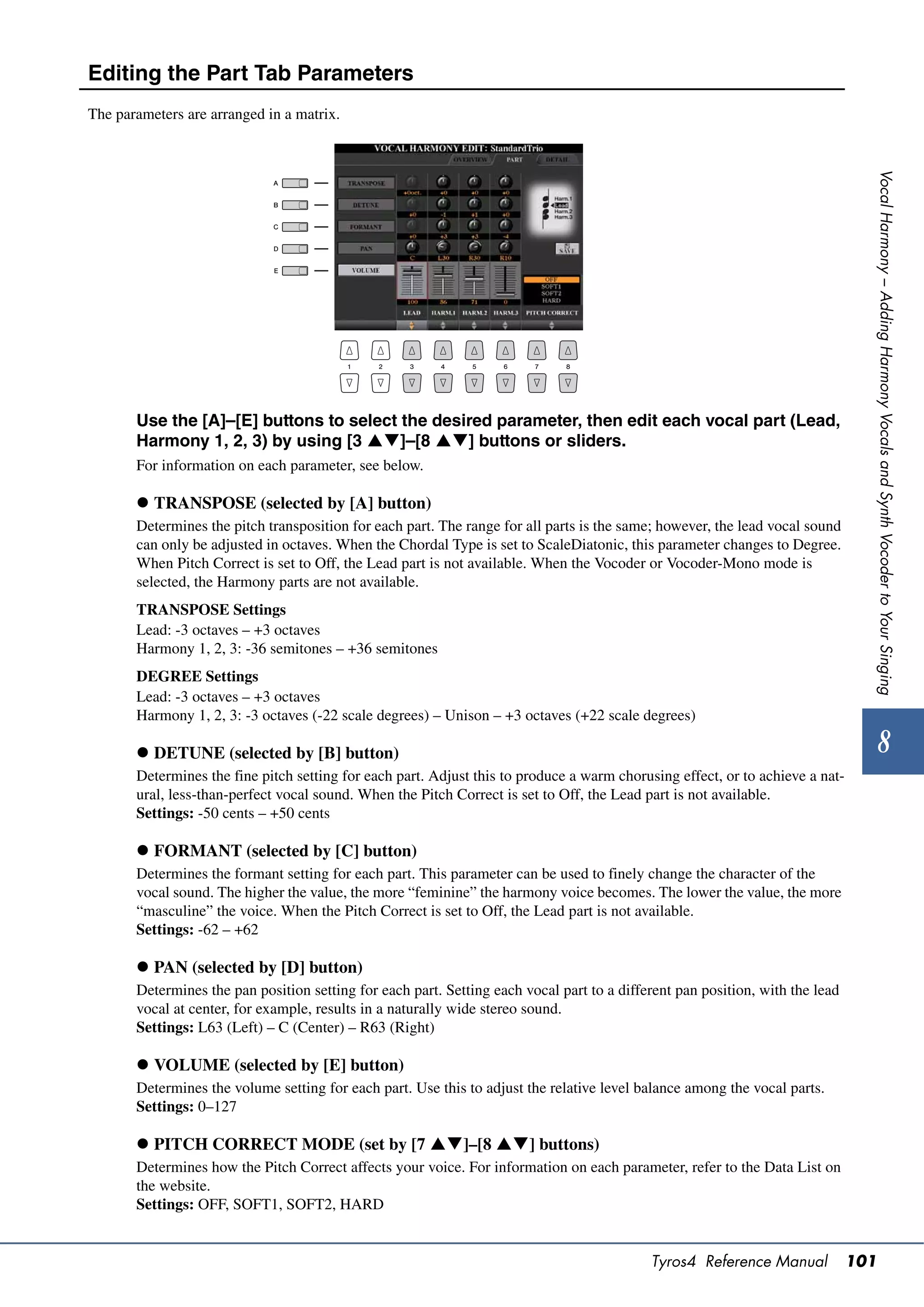 Editing the Part Tab Parameters
The parameters are arranged in a matrix.




                                                                                                                                 Vocal Harmony – Adding Harmony Vocals and Synth Vocoder to Your Singing
       Use the [A]–[E] buttons to select the desired parameter, then edit each vocal part (Lead,
       Harmony 1, 2, 3) by using [3 ]–[8 ] buttons or sliders.
       For information on each parameter, see below.

        TRANSPOSE (selected by [A] button)
       Determines the pitch transposition for each part. The range for all parts is the same; however, the lead vocal sound
       can only be adjusted in octaves. When the Chordal Type is set to ScaleDiatonic, this parameter changes to Degree.
       When Pitch Correct is set to Off, the Lead part is not available. When the Vocoder or Vocoder-Mono mode is
       selected, the Harmony parts are not available.
       TRANSPOSE Settings
       Lead: -3 octaves – +3 octaves
       Harmony 1, 2, 3: -36 semitones – +36 semitones
       DEGREE Settings
       Lead: -3 octaves – +3 octaves
       Harmony 1, 2, 3: -3 octaves (-22 scale degrees) – Unison – +3 octaves (+22 scale degrees)

        DETUNE (selected by [B] button)                                                                                              8
       Determines the fine pitch setting for each part. Adjust this to produce a warm chorusing effect, or to achieve a nat-
       ural, less-than-perfect vocal sound. When the Pitch Correct is set to Off, the Lead part is not available.
       Settings: -50 cents – +50 cents

        FORMANT (selected by [C] button)
       Determines the formant setting for each part. This parameter can be used to finely change the character of the
       vocal sound. The higher the value, the more “feminine” the harmony voice becomes. The lower the value, the more
       “masculine” the voice. When the Pitch Correct is set to Off, the Lead part is not available.
       Settings: -62 – +62

        PAN (selected by [D] button)
       Determines the pan position setting for each part. Setting each vocal part to a different pan position, with the lead
       vocal at center, for example, results in a naturally wide stereo sound.
       Settings: L63 (Left) – C (Center) – R63 (Right)

        VOLUME (selected by [E] button)
       Determines the volume setting for each part. Use this to adjust the relative level balance among the vocal parts.
       Settings: 0–127

        PITCH CORRECT MODE (set by [7 ]–[8 ] buttons)
       Determines how the Pitch Correct affects your voice. For information on each parameter, refer to the Data List on
       the website.
       Settings: OFF, SOFT1, SOFT2, HARD


                                                                                            Tyros4 Reference Manual            101
 