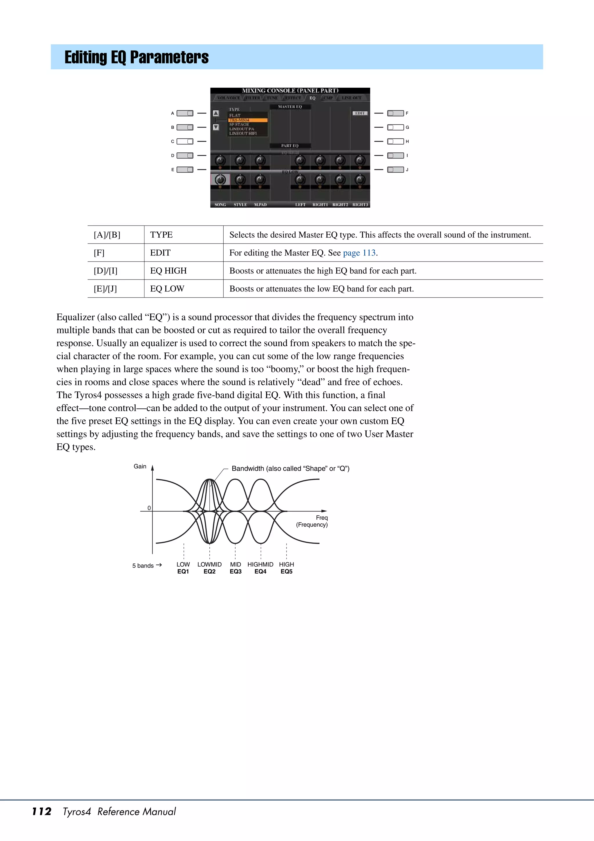 Editing EQ Parameters




               [A]/[B]          TYPE                  Selects the desired Master EQ type. This affects the overall sound of the instrument.

               [F]              EDIT                  For editing the Master EQ. See page 113.

               [D]/[I]          EQ HIGH               Boosts or attenuates the high EQ band for each part.

               [E]/[J]          EQ LOW                Boosts or attenuates the low EQ band for each part.


      Equalizer (also called “EQ”) is a sound processor that divides the frequency spectrum into
      multiple bands that can be boosted or cut as required to tailor the overall frequency
      response. Usually an equalizer is used to correct the sound from speakers to match the spe-
      cial character of the room. For example, you can cut some of the low range frequencies
      when playing in large spaces where the sound is too “boomy,” or boost the high frequen-
      cies in rooms and close spaces where the sound is relatively “dead” and free of echoes.
      The Tyros4 possesses a high grade five-band digital EQ. With this function, a final
      effect—tone control—can be added to the output of your instrument. You can select one of
      the five preset EQ settings in the EQ display. You can even create your own custom EQ
      settings by adjusting the frequency bands, and save the settings to one of two User Master
      EQ types.
                         Gain                         Bandwidth (also called “Shape” or “Q”)




                                0
                                                                                 Freq
                                                                          (Frequency)




                         5 bands      LOW   LOWMID   MID HIGHMID HIGH
                                       EQ1     EQ2    EQ3   EQ4   EQ5




112    Tyros4 Reference Manual
 