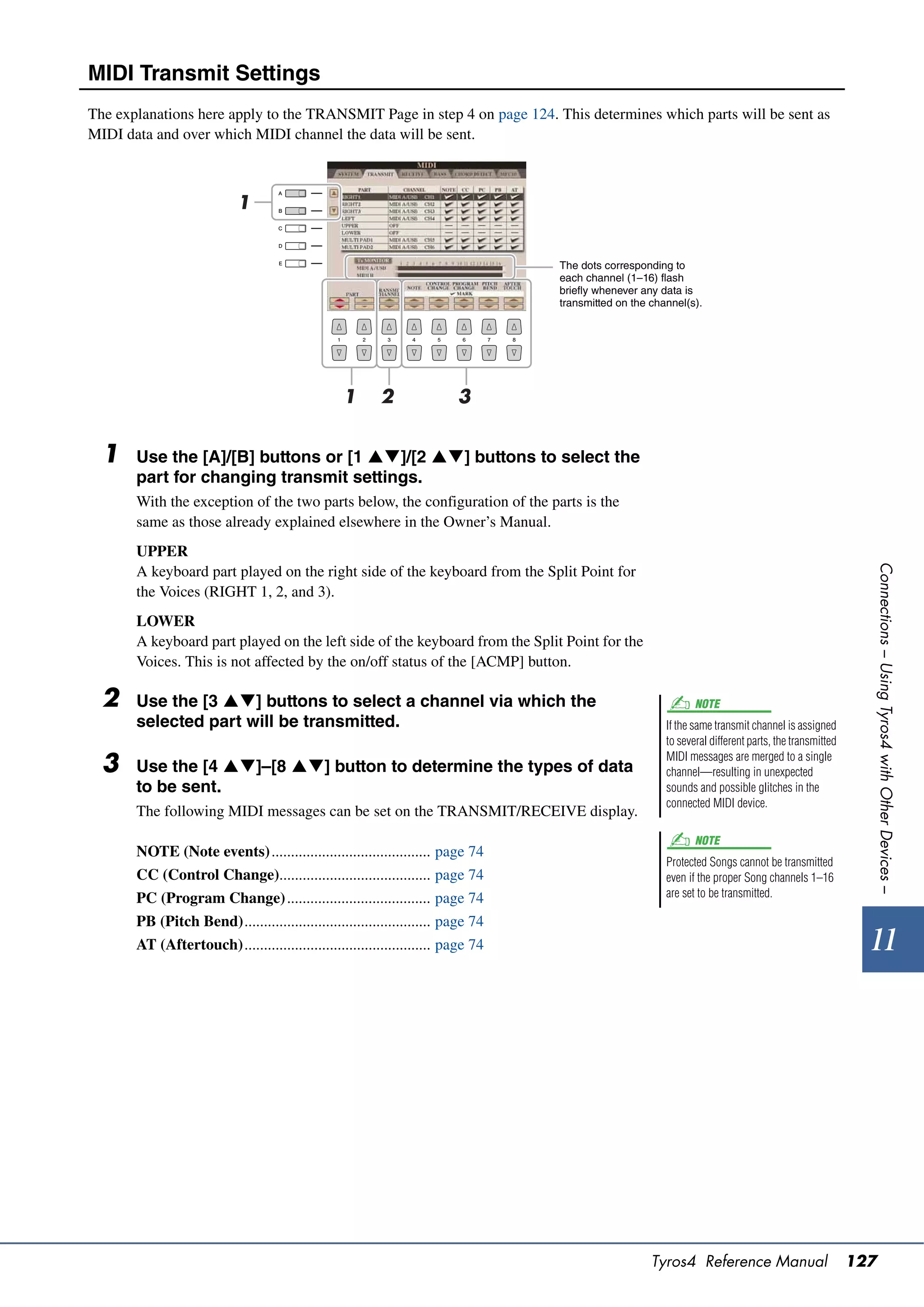 MIDI Transmit Settings
The explanations here apply to the TRANSMIT Page in step 4 on page 124. This determines which parts will be sent as
MIDI data and over which MIDI channel the data will be sent.



                           1


                                                                                 The dots corresponding to
                                                                                 each channel (1–16) flash
                                                                                 briefly whenever any data is
                                                                                 transmitted on the channel(s).




                                                 1      2               3


  1    Use the [A]/[B] buttons or [1 ]/[2 ] buttons to select the
       part for changing transmit settings.
       With the exception of the two parts below, the configuration of the parts is the
       same as those already explained elsewhere in the Owner’s Manual.
       UPPER




                                                                                                                                                       Connections – Using Tyros4 with Other Devices –
       A keyboard part played on the right side of the keyboard from the Split Point for
       the Voices (RIGHT 1, 2, and 3).
       LOWER
       A keyboard part played on the left side of the keyboard from the Split Point for the
       Voices. This is not affected by the on/off status of the [ACMP] button.

  2    Use the [3 ] buttons to select a channel via which the                                               NOTE
       selected part will be transmitted.                                                              If the same transmit channel is assigned
                                                                                                       to several different parts, the transmitted

  3    Use the [4 ]–[8 ] button to determine the types of data
                                                                                                       MIDI messages are merged to a single
                                                                                                       channel—resulting in unexpected
       to be sent.                                                                                     sounds and possible glitches in the
                                                                                                       connected MIDI device.
       The following MIDI messages can be set on the TRANSMIT/RECEIVE display.
                                                                                                              NOTE
       NOTE (Note events) ......................................... page 74
                                                                                                       Protected Songs cannot be transmitted
       CC (Control Change)....................................... page 74                              even if the proper Song channels 1–16
       PC (Program Change) ..................................... page 74                               are set to be transmitted.

       PB (Pitch Bend)................................................ page 74
       AT (Aftertouch)................................................ page 74                                                                         11




                                                                                                    Tyros4 Reference Manual                          127
 