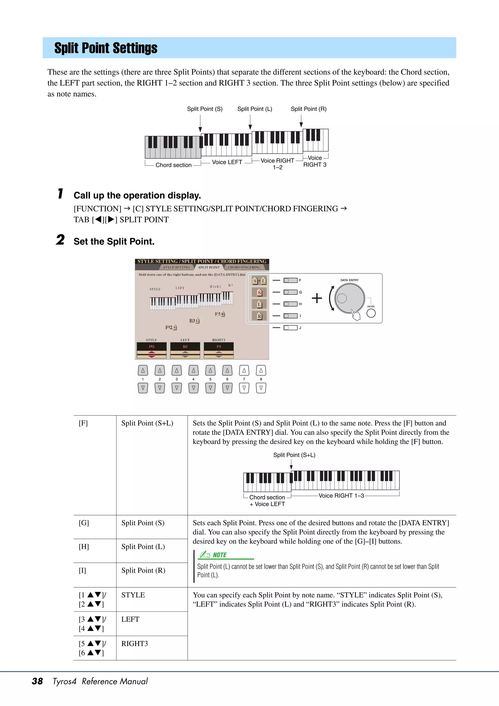 Split Point Settings
     These are the settings (there are three Split Points) that separate the different sections of the keyboard: the Chord section,
     the LEFT part section, the RIGHT 1–2 section and RIGHT 3 section. The three Split Point settings (below) are specified
     as note names.
                                                  Split Point (S)        Split Point (L)          Split Point (R)




                                                                                    Voice RIGHT         Voice
                                                              Voice LEFT                               RIGHT 3
                                       Chord section                                    1–2



       1     Call up the operation display.
             [FUNCTION]  [C] STYLE SETTING/SPLIT POINT/CHORD FINGERING 
             TAB [][] SPLIT POINT

       2     Set the Split Point.




              [F]           Split Point (S+L)          Sets the Split Point (S) and Split Point (L) to the same note. Press the [F] button and
                                                       rotate the [DATA ENTRY] dial. You can also specify the Split Point directly from the
                                                       keyboard by pressing the desired key on the keyboard while holding the [F] button.
                                                                                           Split Point (S+L)




                                                                               Chord section                   Voice RIGHT 1–3
                                                                               + Voice LEFT


              [G]           Split Point (S)            Sets each Split Point. Press one of the desired buttons and rotate the [DATA ENTRY]
                                                       dial. You can also specify the Split Point directly from the keyboard by pressing the
                                                       desired key on the keyboard while holding one of the [G]–[I] buttons.
              [H]           Split Point (L)
                                                              NOTE
                                                        Split Point (L) cannot be set lower than Split Point (S), and Split Point (R) cannot be set lower than Split
              [I]           Split Point (R)
                                                        Point (L).


              [1 ]/       STYLE                      You can specify each Split Point by note name. “STYLE” indicates Split Point (S),
              [2 ]                                   “LEFT” indicates Split Point (L) and “RIGHT3” indicates Split Point (R).

              [3 ]/       LEFT
              [4 ]

              [5 ]/       RIGHT3
              [6 ]


38    Tyros4 Reference Manual
 