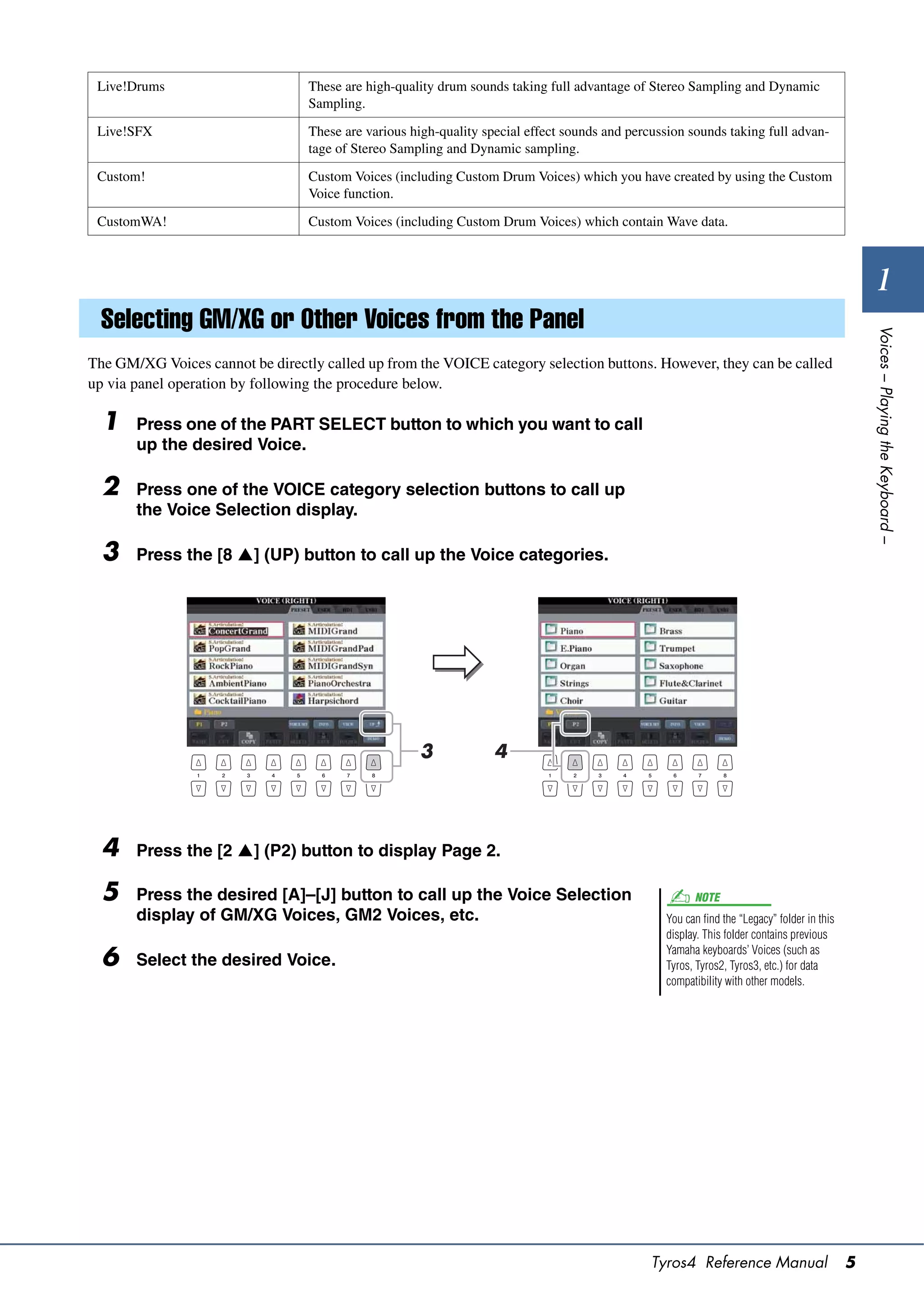 Live!Drums                       These are high-quality drum sounds taking full advantage of Stereo Sampling and Dynamic
                                  Sampling.

 Live!SFX                         These are various high-quality special effect sounds and percussion sounds taking full advan-
                                  tage of Stereo Sampling and Dynamic sampling.

 Custom!                          Custom Voices (including Custom Drum Voices) which you have created by using the Custom
                                  Voice function.

 CustomWA!                        Custom Voices (including Custom Drum Voices) which contain Wave data.



                                                                                                                                                  1
  Selecting GM/XG or Other Voices from the Panel




                                                                                                                                                Voices – Playing the Keyboard –
The GM/XG Voices cannot be directly called up from the VOICE category selection buttons. However, they can be called
up via panel operation by following the procedure below.

  1    Press one of the PART SELECT button to which you want to call
       up the desired Voice.

  2    Press one of the VOICE category selection buttons to call up
       the Voice Selection display.

  3    Press the [8 ] (UP) button to call up the Voice categories.




                                                     3             4




  4    Press the [2 ] (P2) button to display Page 2.

  5    Press the desired [A]–[J] button to call up the Voice Selection                                 NOTE
       display of GM/XG Voices, GM2 Voices, etc.                                                 You can find the “Legacy” folder in this
                                                                                                 display. This folder contains previous
                                                                                                 Yamaha keyboards’ Voices (such as
  6    Select the desired Voice.                                                                 Tyros, Tyros2, Tyros3, etc.) for data
                                                                                                 compatibility with other models.




                                                                                               Tyros4 Reference Manual                      5
 