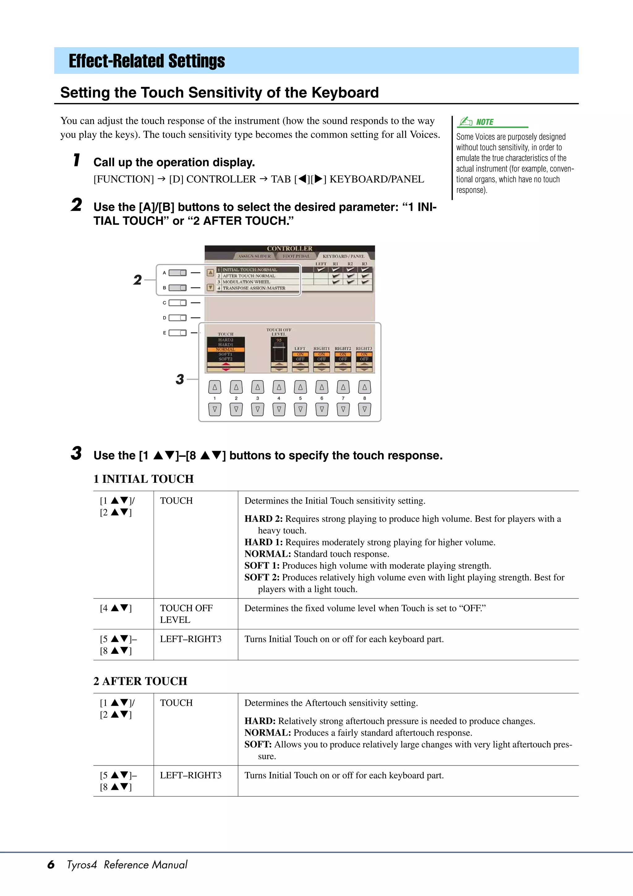 Effect-Related Settings
    Setting the Touch Sensitivity of the Keyboard
    You can adjust the touch response of the instrument (how the sound responds to the way                   NOTE
    you play the keys). The touch sensitivity type becomes the common setting for all Voices.          Some Voices are purposely designed
                                                                                                       without touch sensitivity, in order to
      1    Call up the operation display.                                                              emulate the true characteristics of the
                                                                                                       actual instrument (for example, conven-
           [FUNCTION]  [D] CONTROLLER  TAB [][] KEYBOARD/PANEL                                     tional organs, which have no touch
                                                                                                       response).

      2    Use the [A]/[B] buttons to select the desired parameter: “1 INI-
           TIAL TOUCH” or “2 AFTER TOUCH.”




                      2




                              3




      3    Use the [1 ]–[8 ] buttons to specify the touch response.

           1 INITIAL TOUCH
             [1 ]/       TOUCH               Determines the Initial Touch sensitivity setting.
             [2 ]
                                               HARD 2: Requires strong playing to produce high volume. Best for players with a
                                                 heavy touch.
                                               HARD 1: Requires moderately strong playing for higher volume.
                                               NORMAL: Standard touch response.
                                               SOFT 1: Produces high volume with moderate playing strength.
                                               SOFT 2: Produces relatively high volume even with light playing strength. Best for
                                                 players with a light touch.

             [4 ]        TOUCH OFF           Determines the fixed volume level when Touch is set to “OFF.”
                           LEVEL

             [5 ]–       LEFT–RIGHT3         Turns Initial Touch on or off for each keyboard part.
             [8 ]


           2 AFTER TOUCH
             [1 ]/       TOUCH               Determines the Aftertouch sensitivity setting.
             [2 ]
                                               HARD: Relatively strong aftertouch pressure is needed to produce changes.
                                               NORMAL: Produces a fairly standard aftertouch response.
                                               SOFT: Allows you to produce relatively large changes with very light aftertouch pres-
                                                 sure.

             [5 ]–       LEFT–RIGHT3         Turns Initial Touch on or off for each keyboard part.
             [8 ]




6    Tyros4 Reference Manual
 