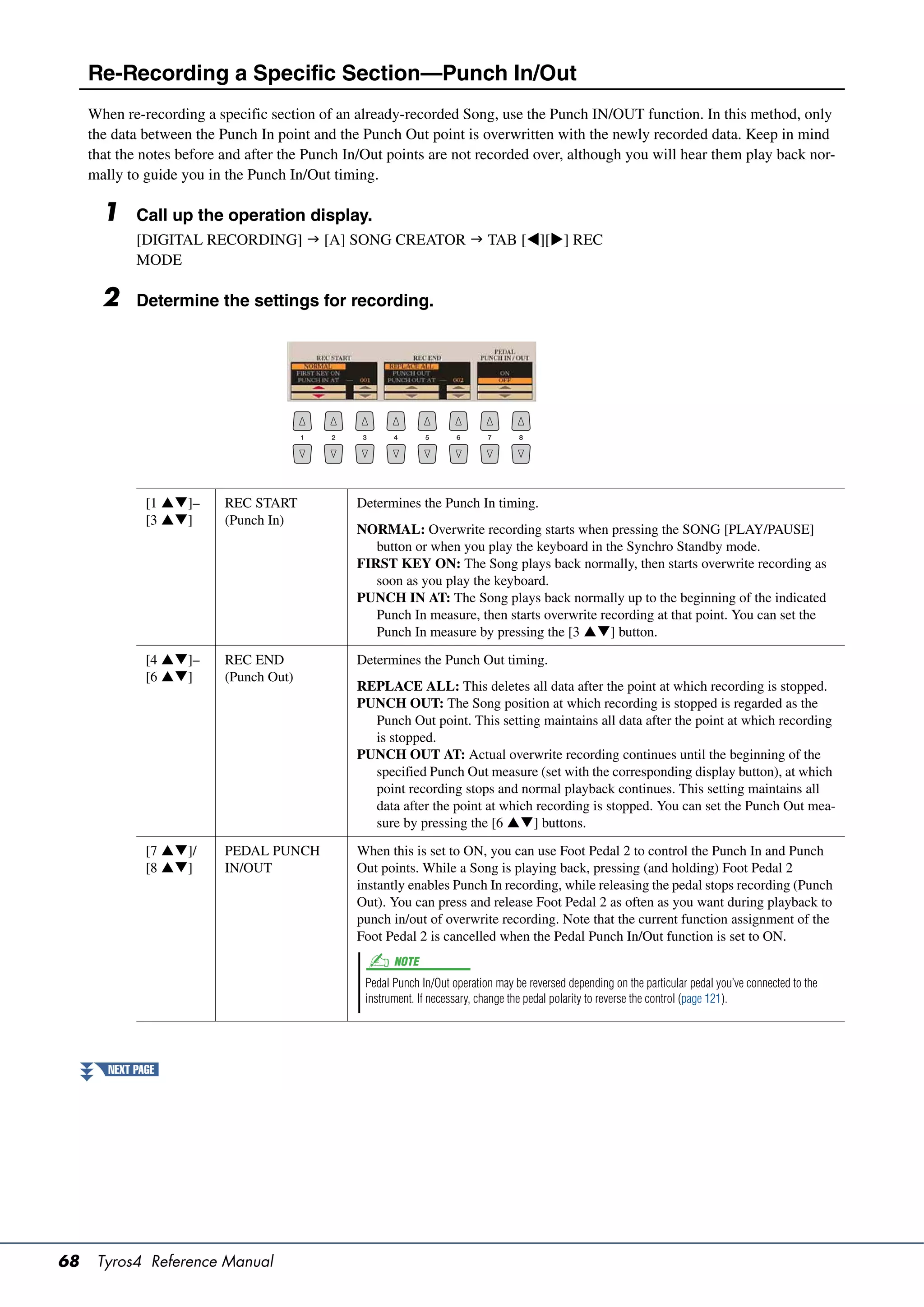 Re-Recording a Specific Section—Punch In/Out
     When re-recording a specific section of an already-recorded Song, use the Punch IN/OUT function. In this method, only
     the data between the Punch In point and the Punch Out point is overwritten with the newly recorded data. Keep in mind
     that the notes before and after the Punch In/Out points are not recorded over, although you will hear them play back nor-
     mally to guide you in the Punch In/Out timing.

       1     Call up the operation display.
             [DIGITAL RECORDING]  [A] SONG CREATOR  TAB [][] REC
             MODE

       2     Determine the settings for recording.




               [1 ]–     REC START            Determines the Punch In timing.
               [3 ]      (Punch In)
                                                NORMAL: Overwrite recording starts when pressing the SONG [PLAY/PAUSE]
                                                   button or when you play the keyboard in the Synchro Standby mode.
                                                FIRST KEY ON: The Song plays back normally, then starts overwrite recording as
                                                   soon as you play the keyboard.
                                                PUNCH IN AT: The Song plays back normally up to the beginning of the indicated
                                                   Punch In measure, then starts overwrite recording at that point. You can set the
                                                   Punch In measure by pressing the [3 ] button.

               [4 ]–     REC END              Determines the Punch Out timing.
               [6 ]      (Punch Out)
                                                REPLACE ALL: This deletes all data after the point at which recording is stopped.
                                                PUNCH OUT: The Song position at which recording is stopped is regarded as the
                                                  Punch Out point. This setting maintains all data after the point at which recording
                                                  is stopped.
                                                PUNCH OUT AT: Actual overwrite recording continues until the beginning of the
                                                  specified Punch Out measure (set with the corresponding display button), at which
                                                  point recording stops and normal playback continues. This setting maintains all
                                                  data after the point at which recording is stopped. You can set the Punch Out mea-
                                                  sure by pressing the [6 ] buttons.

               [7 ]/     PEDAL PUNCH          When this is set to ON, you can use Foot Pedal 2 to control the Punch In and Punch
               [8 ]      IN/OUT               Out points. While a Song is playing back, pressing (and holding) Foot Pedal 2
                                                instantly enables Punch In recording, while releasing the pedal stops recording (Punch
                                                Out). You can press and release Foot Pedal 2 as often as you want during playback to
                                                punch in/out of overwrite recording. Note that the current function assignment of the
                                                Foot Pedal 2 is cancelled when the Pedal Punch In/Out function is set to ON.
                                                       NOTE
                                                 Pedal Punch In/Out operation may be reversed depending on the particular pedal you’ve connected to the
                                                 instrument. If necessary, change the pedal polarity to reverse the control (page 121).




        NEXT PAGE




68    Tyros4 Reference Manual
 