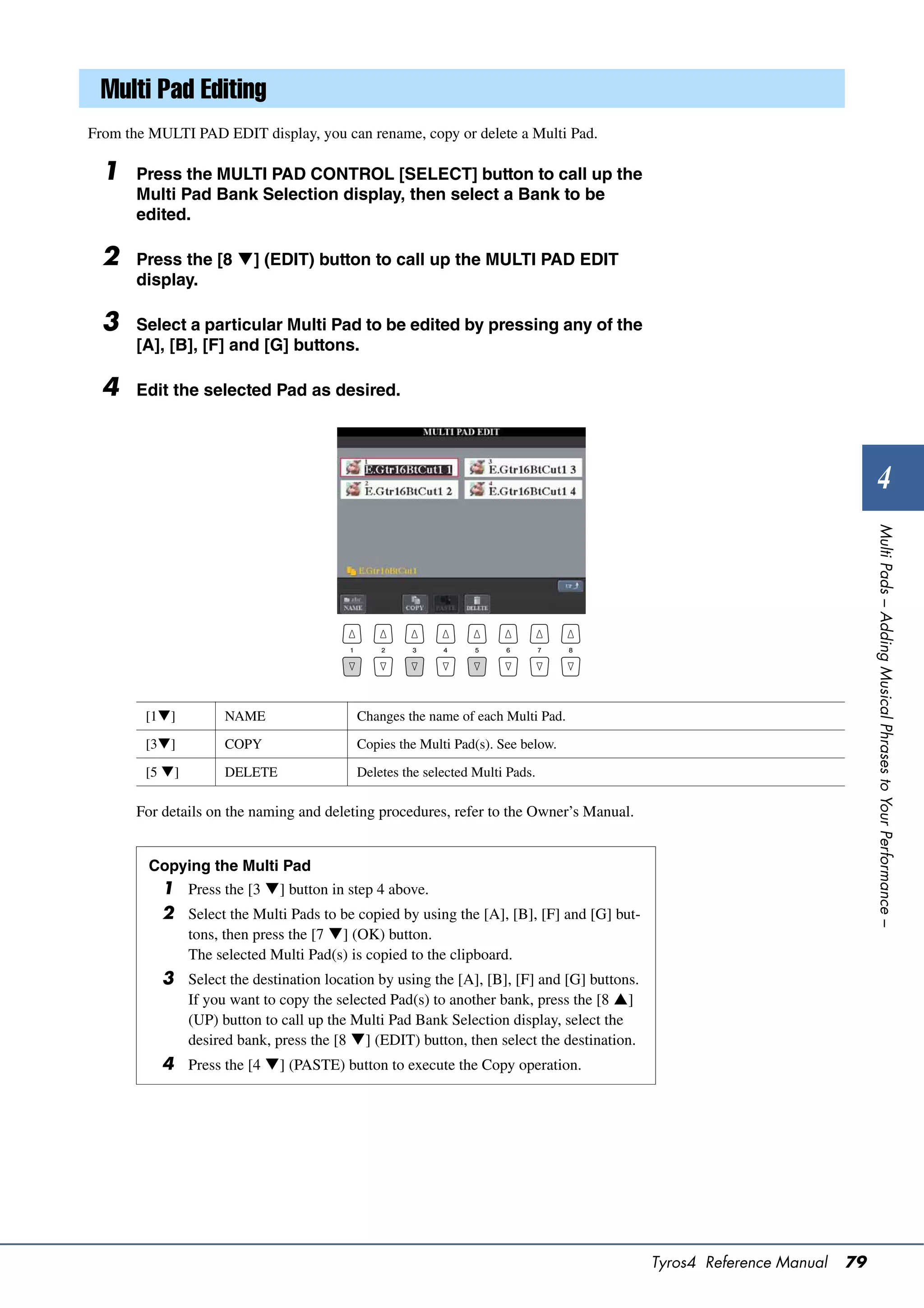 Multi Pad Editing
From the MULTI PAD EDIT display, you can rename, copy or delete a Multi Pad.

  1    Press the MULTI PAD CONTROL [SELECT] button to call up the
       Multi Pad Bank Selection display, then select a Bank to be
       edited.

  2    Press the [8 ] (EDIT) button to call up the MULTI PAD EDIT
       display.

  3    Select a particular Multi Pad to be edited by pressing any of the
       [A], [B], [F] and [G] buttons.

  4    Edit the selected Pad as desired.




                                                                                                                               4




                                                                                                                           Multi Pads – Adding Musical Phrases to Your Performance –
        [1]         NAME                  Changes the name of each Multi Pad.

        [3]         COPY                  Copies the Multi Pad(s). See below.

        [5 ]        DELETE                Deletes the selected Multi Pads.

       For details on the naming and deleting procedures, refer to the Owner’s Manual.


         Copying the Multi Pad
           1 Press the [3 ] button in step 4 above.
           2 Select the Multi Pads to be copied by using the [A], [B], [F] and [G] but-
                tons, then press the [7 ] (OK) button.
                The selected Multi Pad(s) is copied to the clipboard.
           3 Select the destination location by using the [A], [B], [F] and [G] buttons.
                If you want to copy the selected Pad(s) to another bank, press the [8 ]
                (UP) button to call up the Multi Pad Bank Selection display, select the
                desired bank, press the [8 ] (EDIT) button, then select the destination.
           4 Press the [4 ] (PASTE) button to execute the Copy operation.




                                                                                            Tyros4 Reference Manual   79
 
