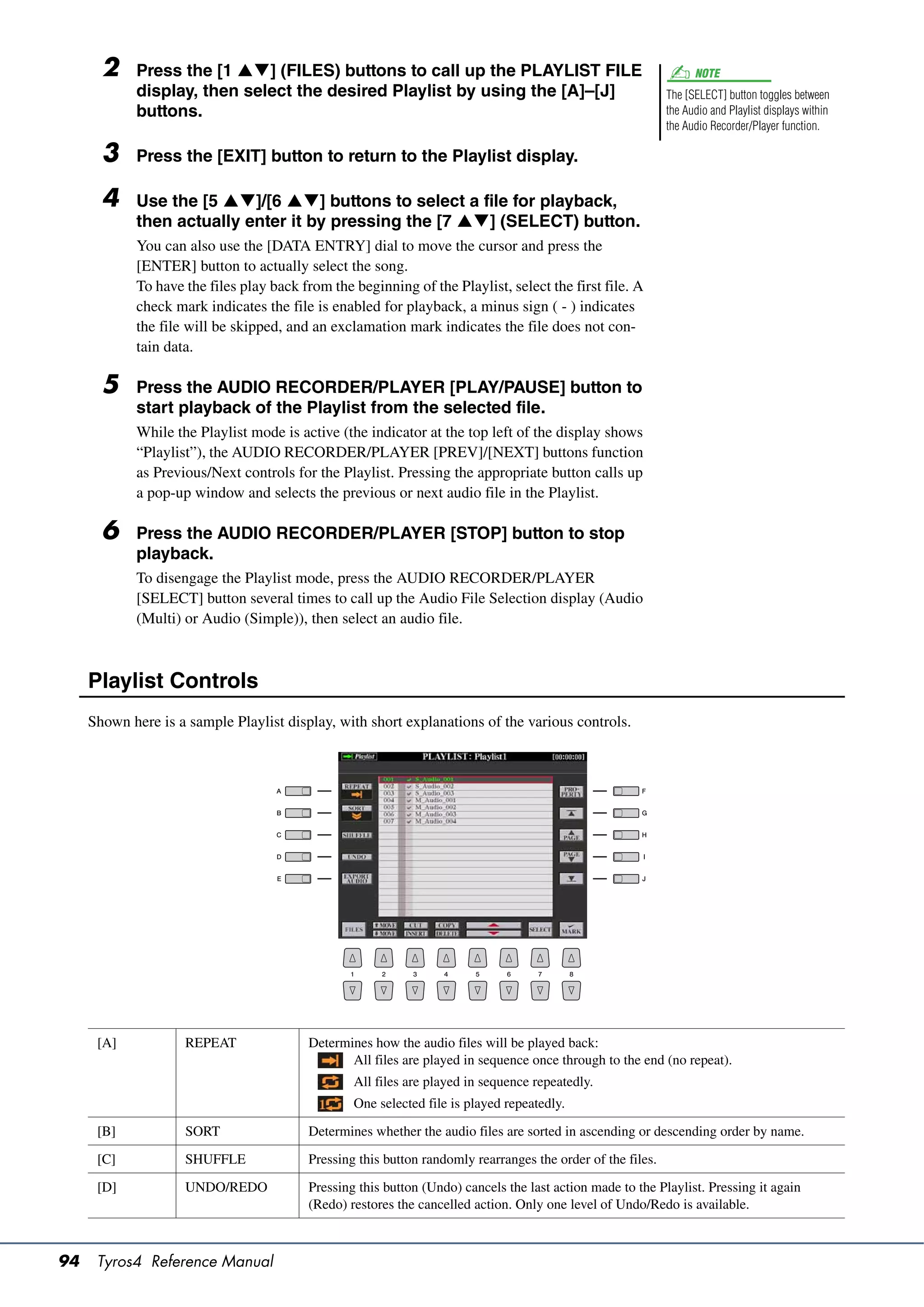 2    Press the [1 ] (FILES) buttons to call up the PLAYLIST FILE                                         NOTE
            display, then select the desired Playlist by using the [A]–[J]                                  The [SELECT] button toggles between
            buttons.                                                                                        the Audio and Playlist displays within
                                                                                                            the Audio Recorder/Player function.

       3    Press the [EXIT] button to return to the Playlist display.

       4    Use the [5 ]/[6 ] buttons to select a file for playback,
            then actually enter it by pressing the [7 ] (SELECT) button.
            You can also use the [DATA ENTRY] dial to move the cursor and press the
            [ENTER] button to actually select the song.
            To have the files play back from the beginning of the Playlist, select the first file. A
            check mark indicates the file is enabled for playback, a minus sign ( - ) indicates
            the file will be skipped, and an exclamation mark indicates the file does not con-
            tain data.

       5    Press the AUDIO RECORDER/PLAYER [PLAY/PAUSE] button to
            start playback of the Playlist from the selected file.
            While the Playlist mode is active (the indicator at the top left of the display shows
            “Playlist”), the AUDIO RECORDER/PLAYER [PREV]/[NEXT] buttons function
            as Previous/Next controls for the Playlist. Pressing the appropriate button calls up
            a pop-up window and selects the previous or next audio file in the Playlist.

       6    Press the AUDIO RECORDER/PLAYER [STOP] button to stop
            playback.
            To disengage the Playlist mode, press the AUDIO RECORDER/PLAYER
            [SELECT] button several times to call up the Audio File Selection display (Audio
            (Multi) or Audio (Simple)), then select an audio file.



     Playlist Controls
     Shown here is a sample Playlist display, with short explanations of the various controls.




      [A]           REPEAT               Determines how the audio files will be played back:
                                                All files are played in sequence once through to the end (no repeat).
                                                 All files are played in sequence repeatedly.
                                                 One selected file is played repeatedly.

      [B]           SORT                 Determines whether the audio files are sorted in ascending or descending order by name.

      [C]           SHUFFLE              Pressing this button randomly rearranges the order of the files.

      [D]           UNDO/REDO            Pressing this button (Undo) cancels the last action made to the Playlist. Pressing it again
                                         (Redo) restores the cancelled action. Only one level of Undo/Redo is available.



94    Tyros4 Reference Manual
 