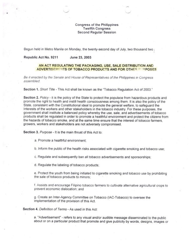 RA 9211 An Act Regulating the Packaging, Use, Sale Distribution and A…