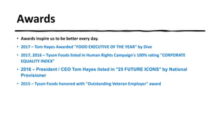 Awards
• Awards inspire us to be better every day.
• 2017 – Tom Hayes Awarded "FOOD EXECUTIVE OF THE YEAR" by Dive
• 2017, 2016 – Tyson Foods listed in Human Rights Campaign's 100% rating "CORPORATE
EQUALITY INDEX"
• 2016 – President / CEO Tom Hayes listed in "25 FUTURE ICONS" by National
Provisioner
• 2015 – Tyson Foods honored with "Outstanding Veteran Employer" award
 