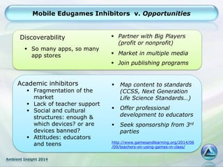 Ambient Insight 2014
Mobile Edugames Inhibitors v. Opportunities
Discoverability
 So many apps, so many
app stores
 Partner with Big Players
(profit or nonprofit)
 Market in multiple media
 Join publishing programs
 Map content to standards
(CCSS, Next Generation
Life Science Standards…)
 Offer professional
development to educators
 Seek sponsorship from 3rd
parties
http://www.gamesandlearning.org/2014/06
/09/teachers-on-using-games-in-class/
Academic inhibitors
 Fragmentation of the
market
 Lack of teacher support
 Social and cultural
structures: enough &
which devices? or are
devices banned?
 Attitudes: educators
and teens
 