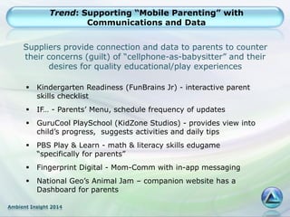 Ambient Insight 2014
Trend: Supporting “Mobile Parenting” with
Communications and Data
 Kindergarten Readiness (FunBrains Jr) - interactive parent
skills checklist
 IF… - Parents’ Menu, schedule frequency of updates
 GuruCool PlaySchool (KidZone Studios) - provides view into
child’s progress, suggests activities and daily tips
 PBS Play & Learn - math & literacy skills edugame
“specifically for parents”
 Fingerprint Digital - Mom-Comm with in-app messaging
 National Geo’s Animal Jam – companion website has a
Dashboard for parents
Suppliers provide connection and data to parents to counter
their concerns (guilt) of “cellphone-as-babysitter” and their
desires for quality educational/play experiences
 