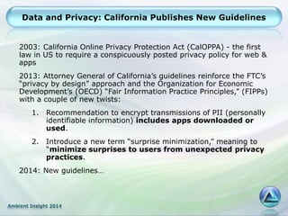 Ambient Insight 2014
Data and Privacy: California Publishes New Guidelines
2003: California Online Privacy Protection Act (CalOPPA) - the first
law in US to require a conspicuously posted privacy policy for web &
apps
2013: Attorney General of California’s guidelines reinforce the FTC’s
“privacy by design” approach and the Organization for Economic
Development’s (OECD) “Fair Information Practice Principles,” (FIPPs)
with a couple of new twists:
1. Recommendation to encrypt transmissions of PII (personally
identifiable information) includes apps downloaded or
used.
2. Introduce a new term “surprise minimization,” meaning to
“minimize surprises to users from unexpected privacy
practices.
2014: New guidelines…
 