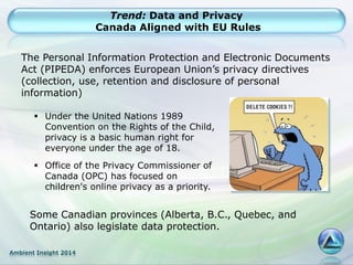 Ambient Insight 2014
Trend: Data and Privacy
Canada Aligned with EU Rules
The Personal Information Protection and Electronic Documents
Act (PIPEDA) enforces European Union’s privacy directives
(collection, use, retention and disclosure of personal
information)
 Under the United Nations 1989
Convention on the Rights of the Child,
privacy is a basic human right for
everyone under the age of 18.
 Office of the Privacy Commissioner of
Canada (OPC) has focused on
children's online privacy as a priority.
Some Canadian provinces (Alberta, B.C., Quebec, and
Ontario) also legislate data protection.
 