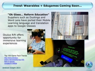 Ambient Insight 2014
Trend: Wearables + Edugames Coming Soon…
Oculus Rift offers
opportunity for
immersive learning
experiences
“Ok Glass… Reform Education”
Suppliers such as Duolingo and
Word Lens have ported their Mobile
Learning language and translation
apps to Google Glasses
Top 100 Game Tech Trends
http://www.develop-
online.net/news/the-top-100-
tech-in-games-
revealed/0194694
 
