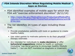 Ambient Insight 2014
FDA Intends Discretion When Regulating Mobile Medical
Apps as Devices
 FDA identified examples of mo...