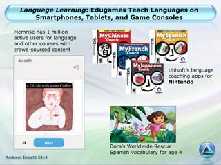 Ambient Insight 2014
Language Learning: Edugames Teach Languages on
Smartphones, Tablets, and Game Consoles
Dora’s Worldwi...