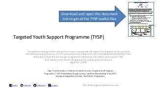 slideshareLinkedin google+mailto
Targeted Youth Support Programme (TYSP)
To transform existing children and adult services to incorporate the support for Targeted Youths using the
remodelling change process (p.3 of this pack) which was created and used in the National Remodelling Team.
These files contain the full change management method and information packs used in TYSP.
With thanks to The Reform Programme for capturing these materials.
Nigel Carr (2014)
NCC (2014) nigel.carr@friedonions.net
Tags: Transformation, Children and adult services, Targeted Youth Support
Programme, TYSP, Remodelling change process, National Remodelling Team, NRT,
Change management method, The Reform Programme.
Download and open this document
link to get all the TYSP toolkit files
 