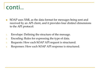 conti..
◼ SOAP uses XML as the data format for messages being sent and
received by an API client, and it provides four distinct dimensions
to the API protocol:
1. Envelope: Defining the structure of the message.
2. Encoding: Rules for expressing the type of data.
3. Requests: How each SOAP API request is structured.
4. Responses: How each SOAP API response is structured.
 
