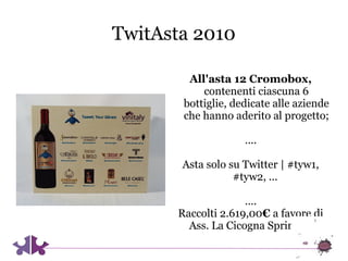 TwitAsta 2010

        All'asta 12 Cromobox,
           contenenti ciascuna 6
       bottiglie, dedicate alle aziende
    ...