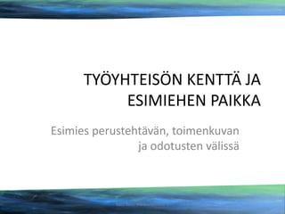 TYÖYHTEISÖN KENTTÄ JA
ESIMIEHEN PAIKKA
Esimies perustehtävän, toimenkuvan
ja odotusten välissä

Satu Roos www.underose.fi

 