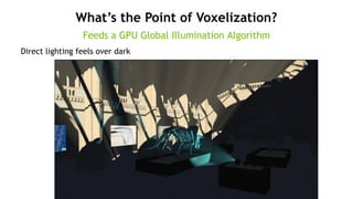 39
Direct lighting feels over dark
What’s the Point of Voxelization?
Feeds a GPU Global Illumination Algorithm
 