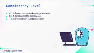 Consistency Level
■ CL: # of nodes that must acknowledge read/write
■ I.E.: 1, QUORUM, LOCAL_QUORUM, ALL
■ Tunable Consistency: CL set per operation
11
 